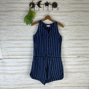 Sandy and Sid Blue Pinstriped Cotton Faux Drawstring button down Romper
